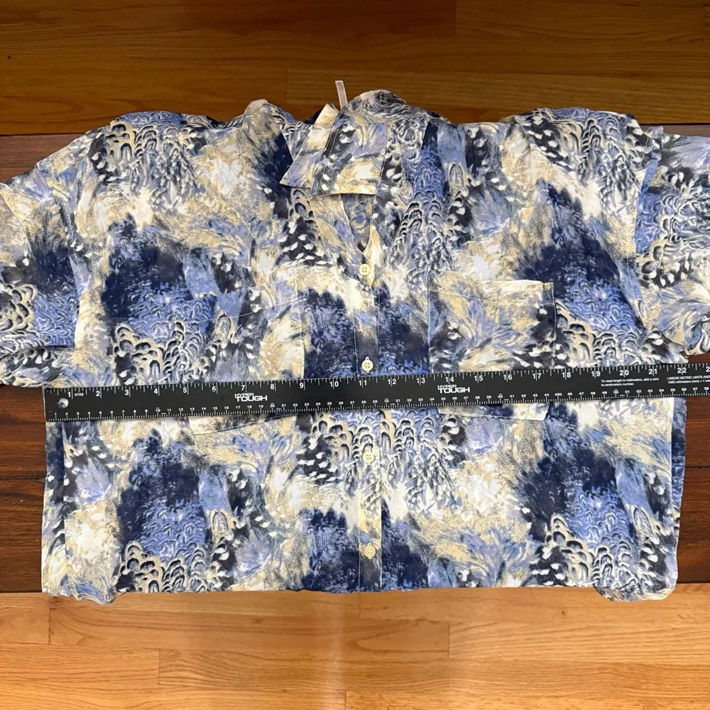 Free People Boho Sheer Abstract Print Georgette Button Blue Long Sleeve Shirt